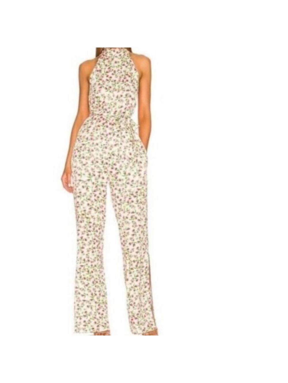 NWT Something Navy Silky Floral Halter Jumpsuit Cream Multi size M